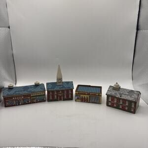 Set Of 4 Vintage Keystone Wooden Block Village Buildings